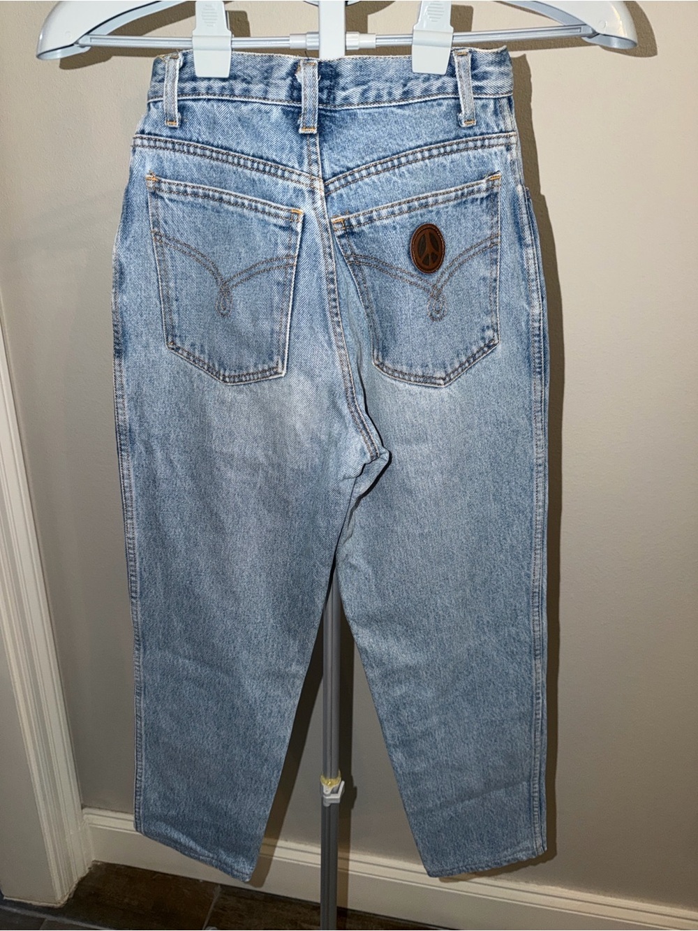 Moschino Light Blue VTG Denim Jeans with Peace sign leather patch